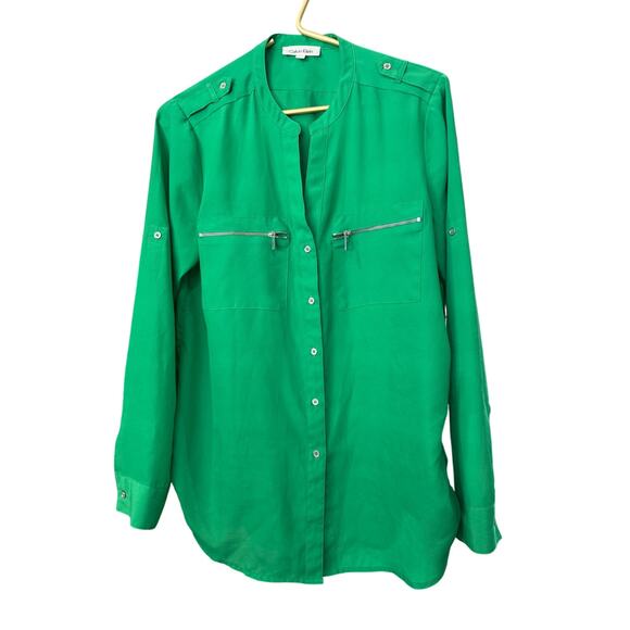 Calvin Klein Green Career Blouse V Neck Zipper Pocket Roll Up Sleeve Size M EUC - Picture 3 of 7
